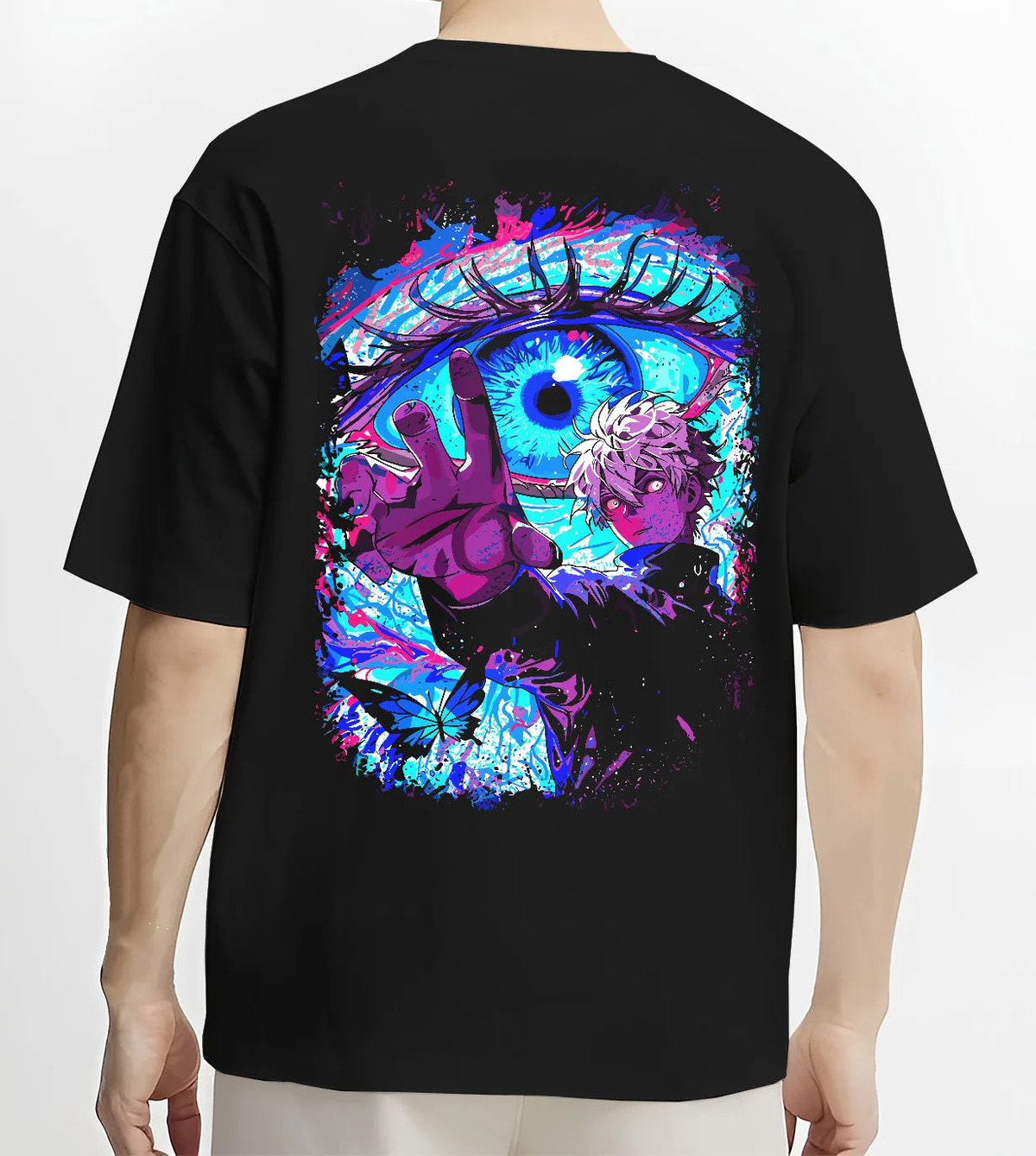 Black T-shirt model back view showing Satoru Gojo from Jujutsu Kaisen: Six Eyes and cursed energy