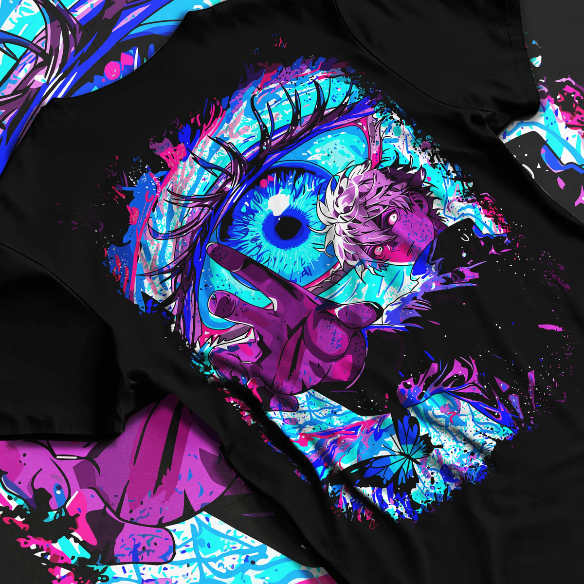 Black T-shirt flat back view showing Satoru Gojo from Jujutsu Kaisen: Six Eyes and cursed energy