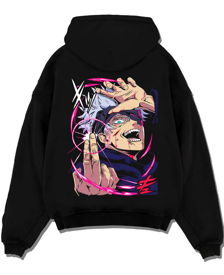 Black pullover hoodie laid flat with Jujutsu Kaisen Hoodie Satoru Gojo Six Eyes Jumper graphic streetwear graphic.