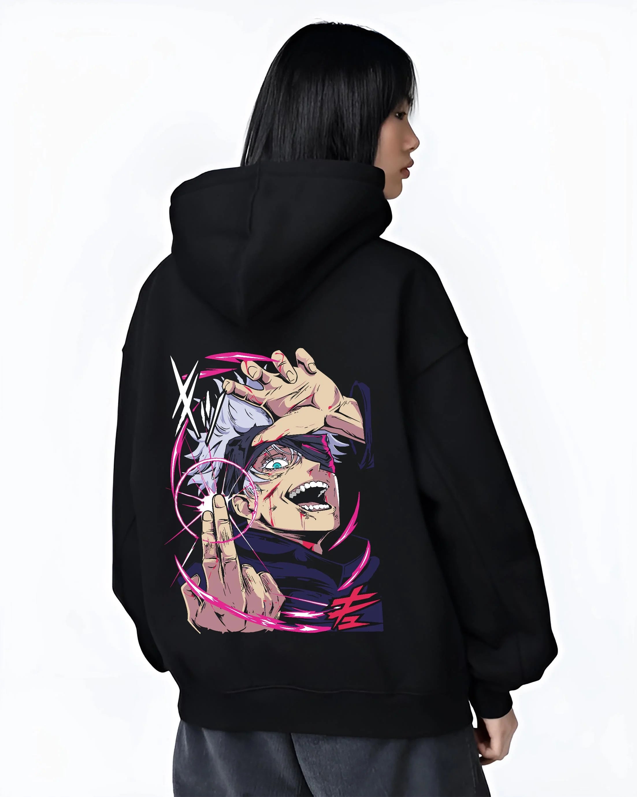 Black hoodie worn by female model, back view with Jujutsu Kaisen Hoodie Satoru Gojo Six Eyes Jumper graphic premium wear.