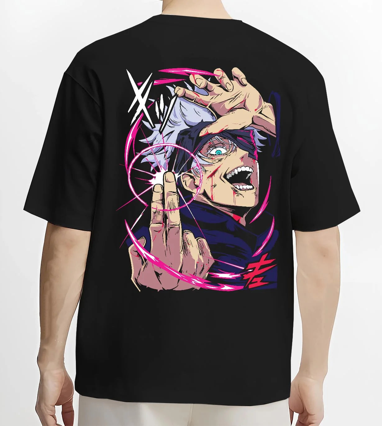 Black T-shirt worn by male model, back view with Jujutsu Kaisen Hoodie Satoru Gojo Six Eyes Jumper graphic bold anime graphic.