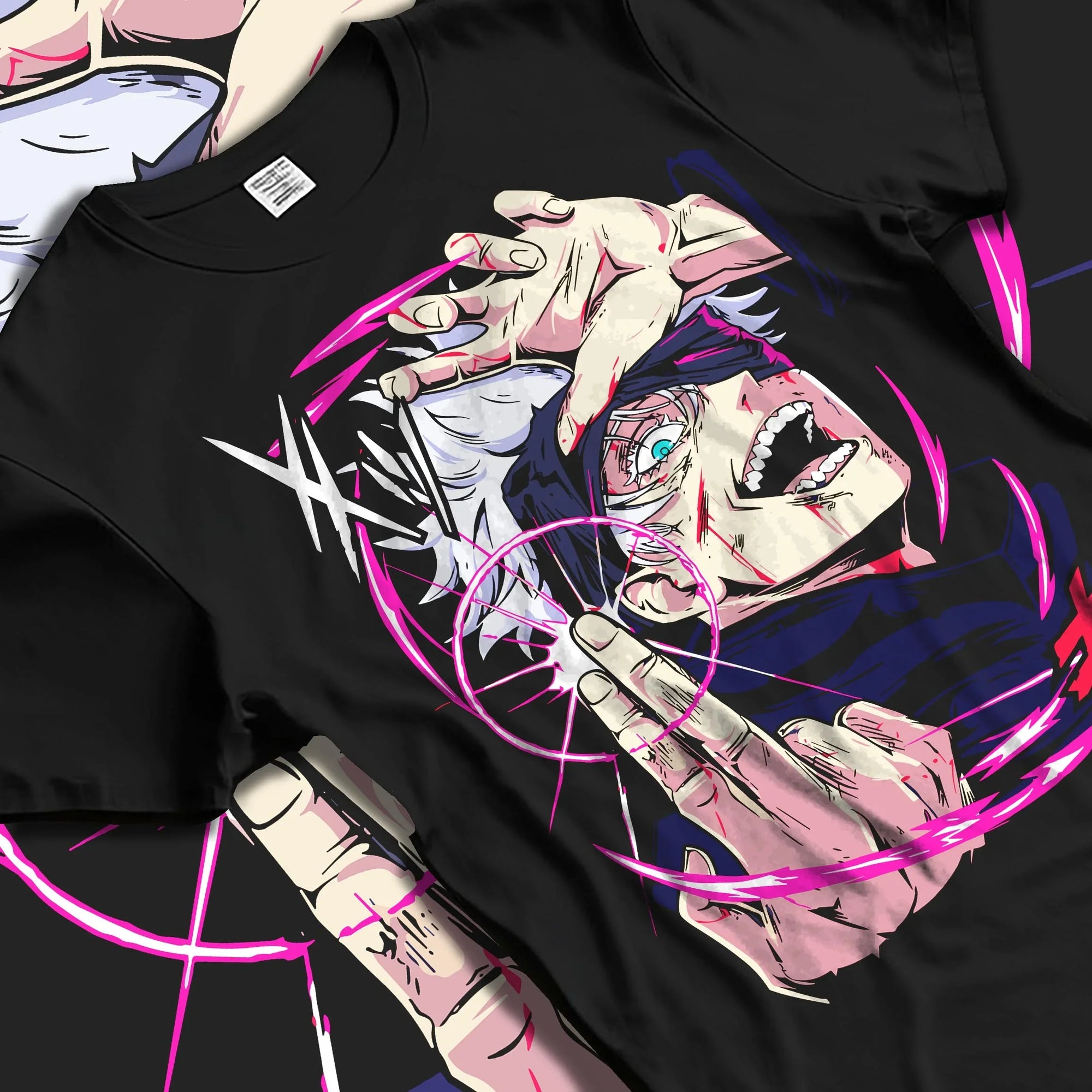 Black T-shirt laid flat with natural folds with Jujutsu Kaisen Hoodie Satoru Gojo Six Eyes Jumper graphic bold anime graphic.
