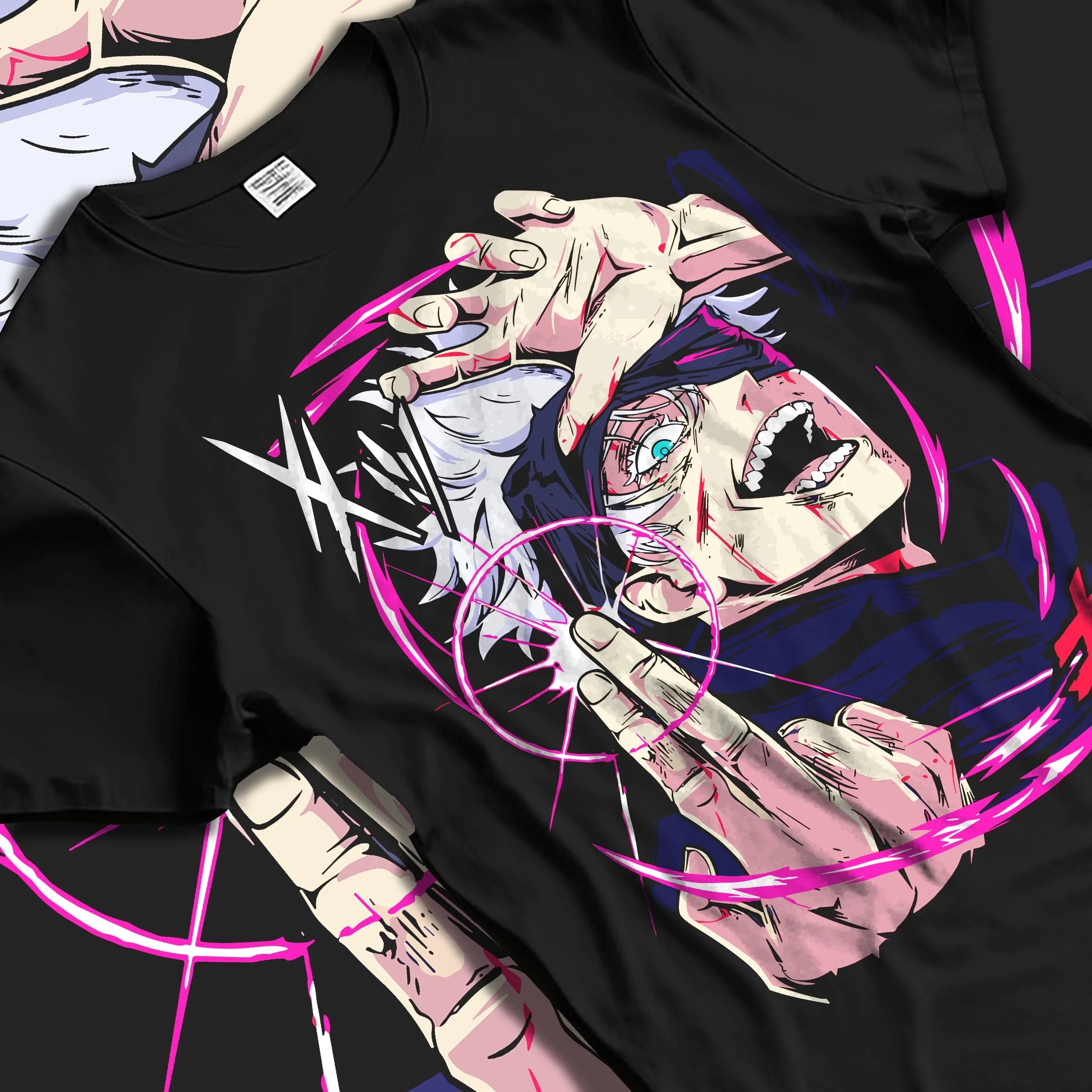 Black T-shirt laid flat with natural folds with Jujutsu Kaisen Hoodie Satoru Gojo Six Eyes Jumper graphic bold anime graphic.