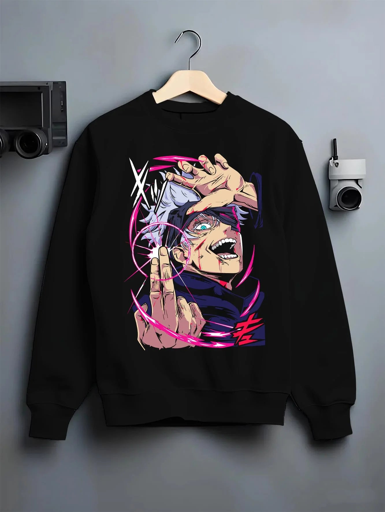 Black crewneck sweatshirt on hanger with Jujutsu Kaisen Hoodie Satoru Gojo Six Eyes Jumper graphic bold anime graphic.
