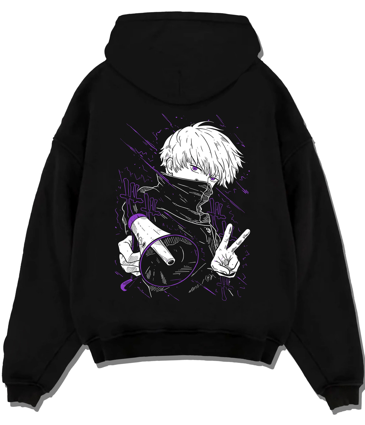 Black hoodie flat back view showing Satoru Gojo from Jujutsu Kaisen: blindfold and peace sign
