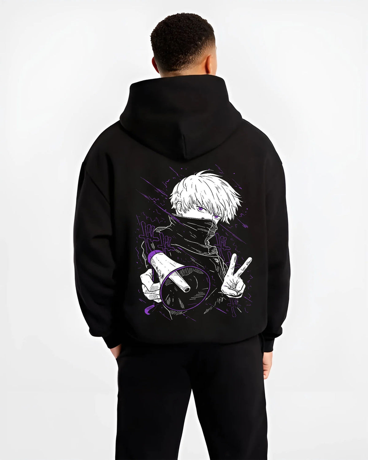 Black hoodie model back view showing Satoru Gojo from Jujutsu Kaisen: blindfold and peace sign