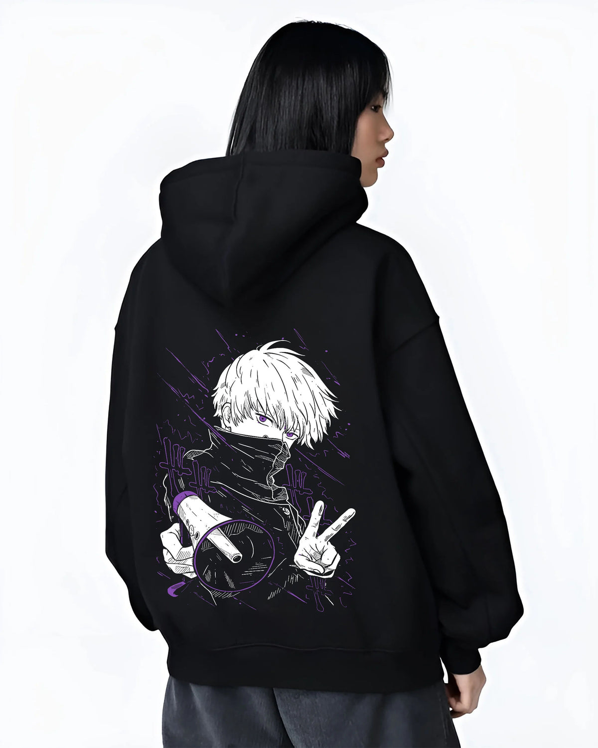 Black hoodie female model back view showing Satoru Gojo from Jujutsu Kaisen: blindfold and peace sign