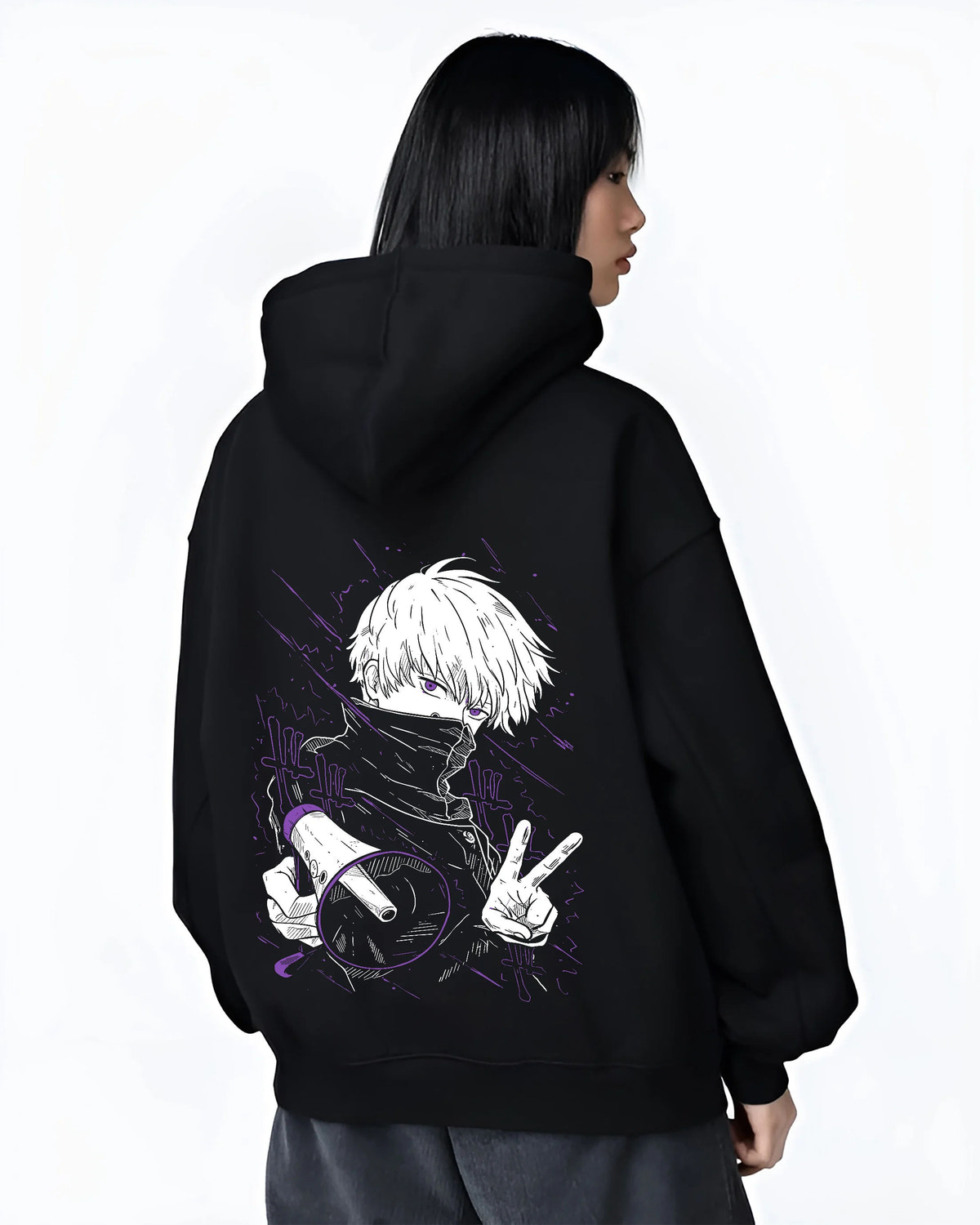 Black hoodie female model back view showing Satoru Gojo from Jujutsu Kaisen: blindfold and peace sign