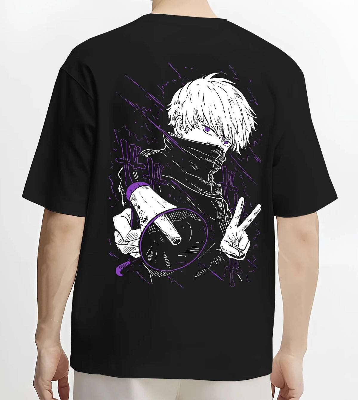 Black T-shirt model back view showing Satoru Gojo from Jujutsu Kaisen: blindfold and peace sign