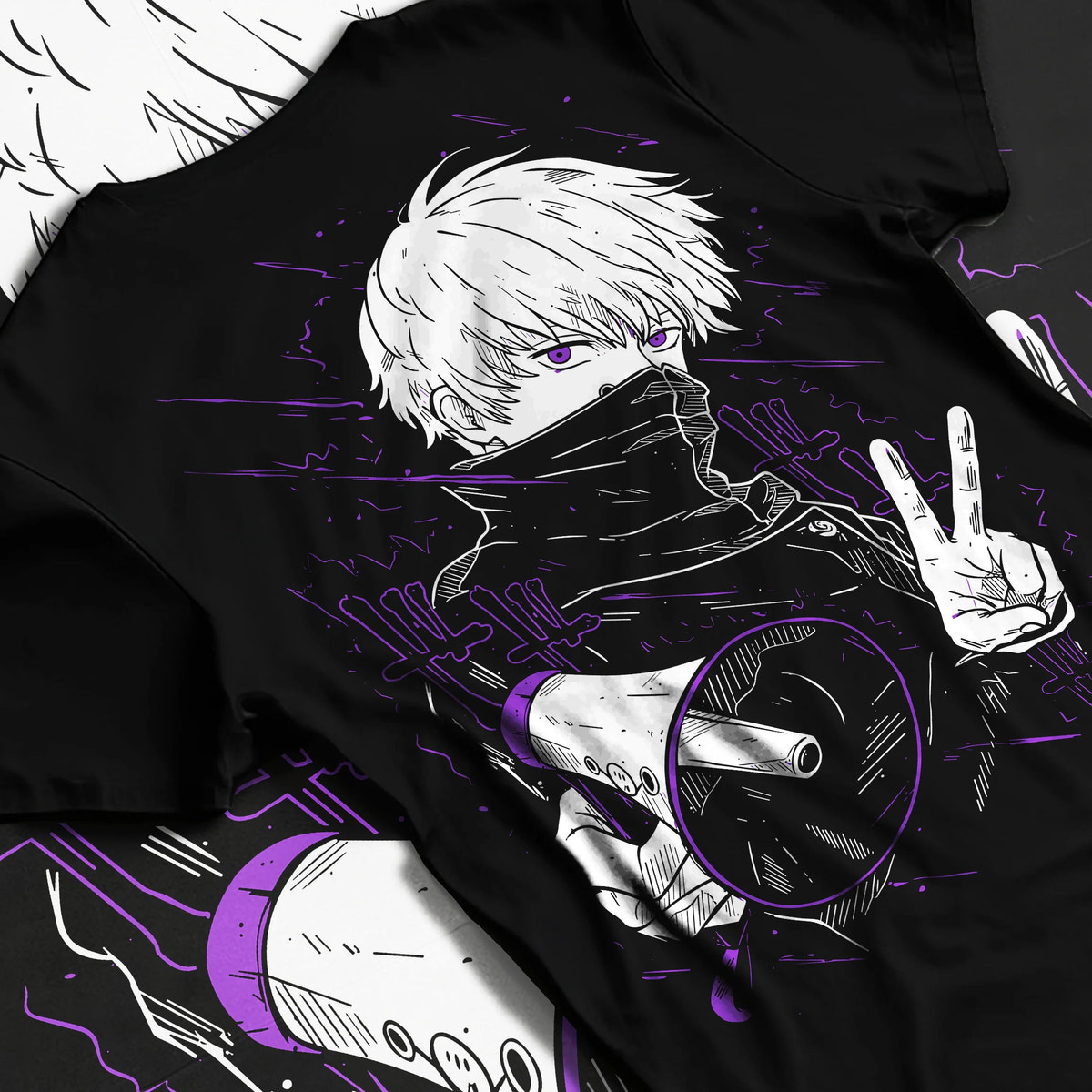 Black T-shirt flat back view showing Satoru Gojo from Jujutsu Kaisen: blindfold and peace sign