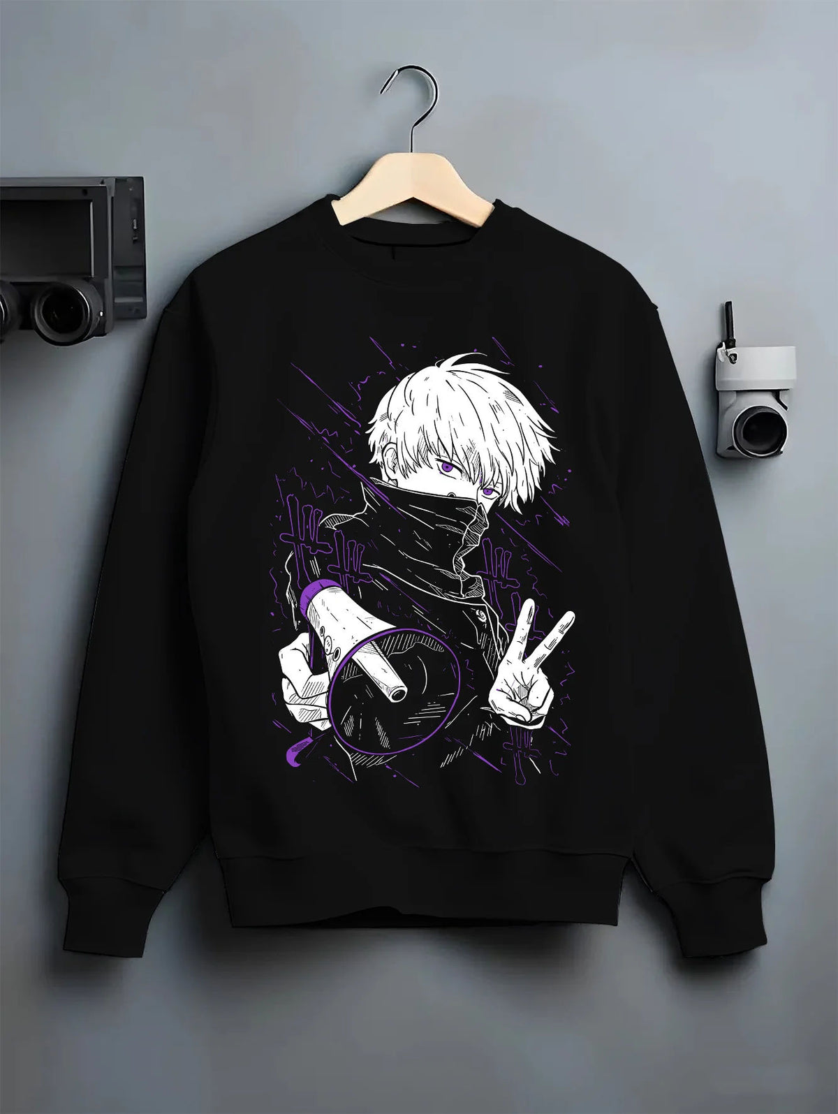 Black crewneck sweatshirt on hanger showing Satoru Gojo from Jujutsu Kaisen: blindfold and peace sign