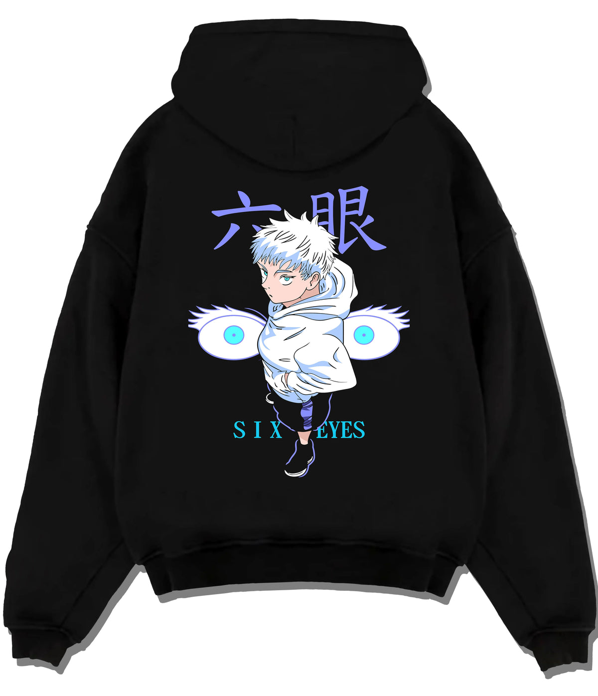 Black hoodie flat back view showing Satoru Gojo from Jujutsu Kaisen: chibi Six Eyes illustration