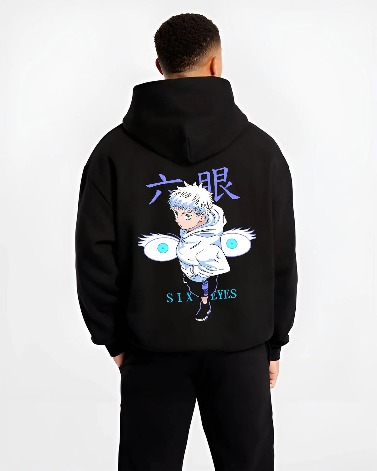 Black hoodie model back view showing Satoru Gojo from Jujutsu Kaisen: chibi Six Eyes illustration
