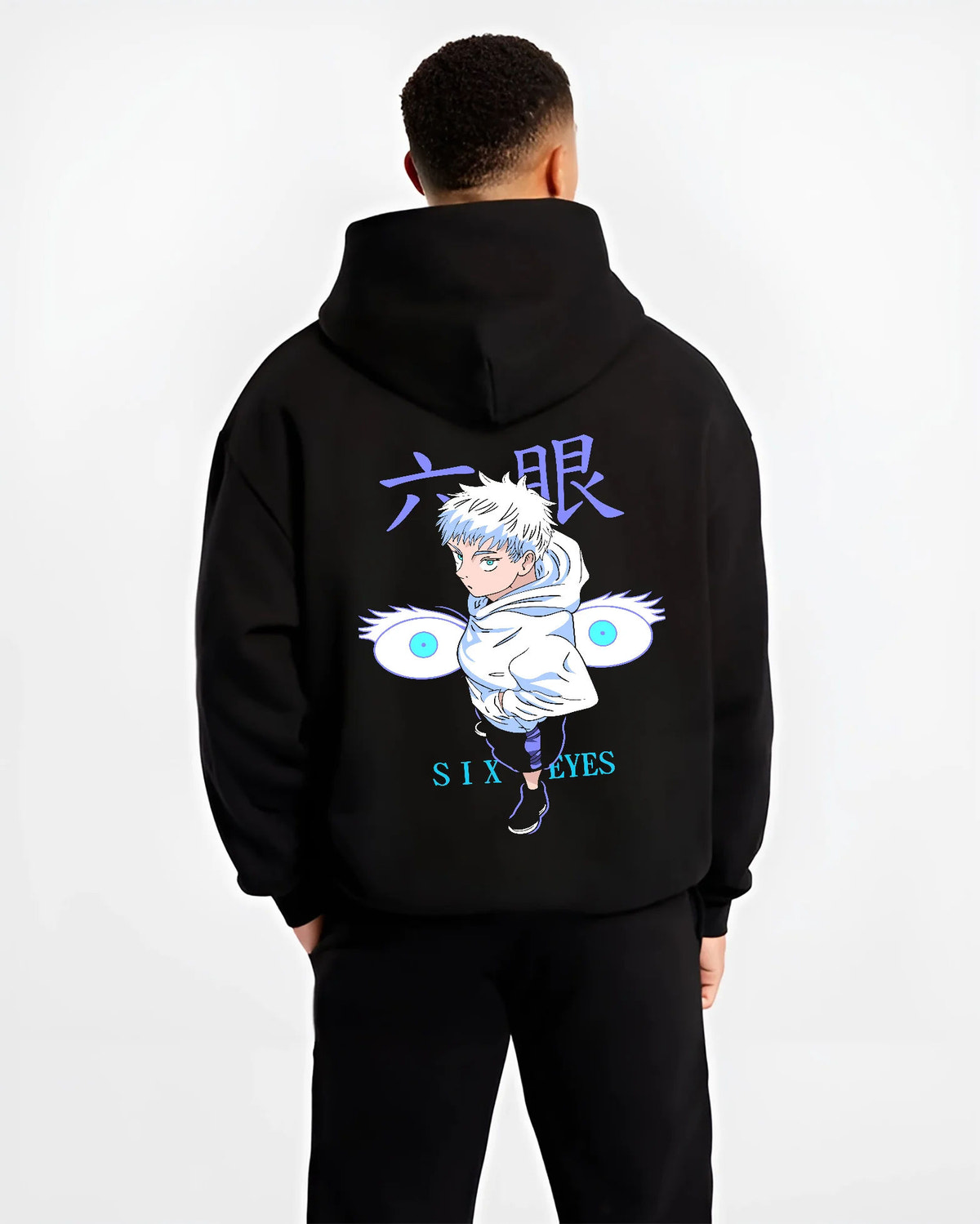 Black hoodie model back view showing Satoru Gojo from Jujutsu Kaisen: chibi Six Eyes illustration
