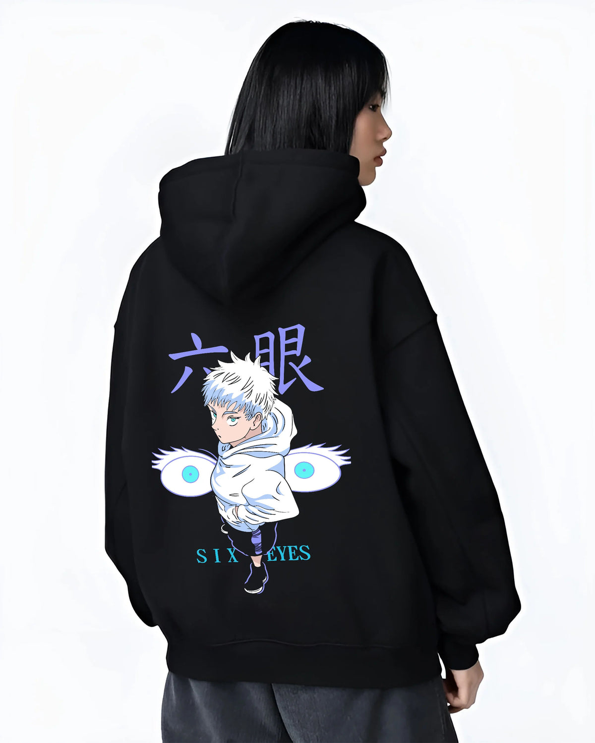 Black hoodie female model back view showing Satoru Gojo from Jujutsu Kaisen: chibi Six Eyes illustration