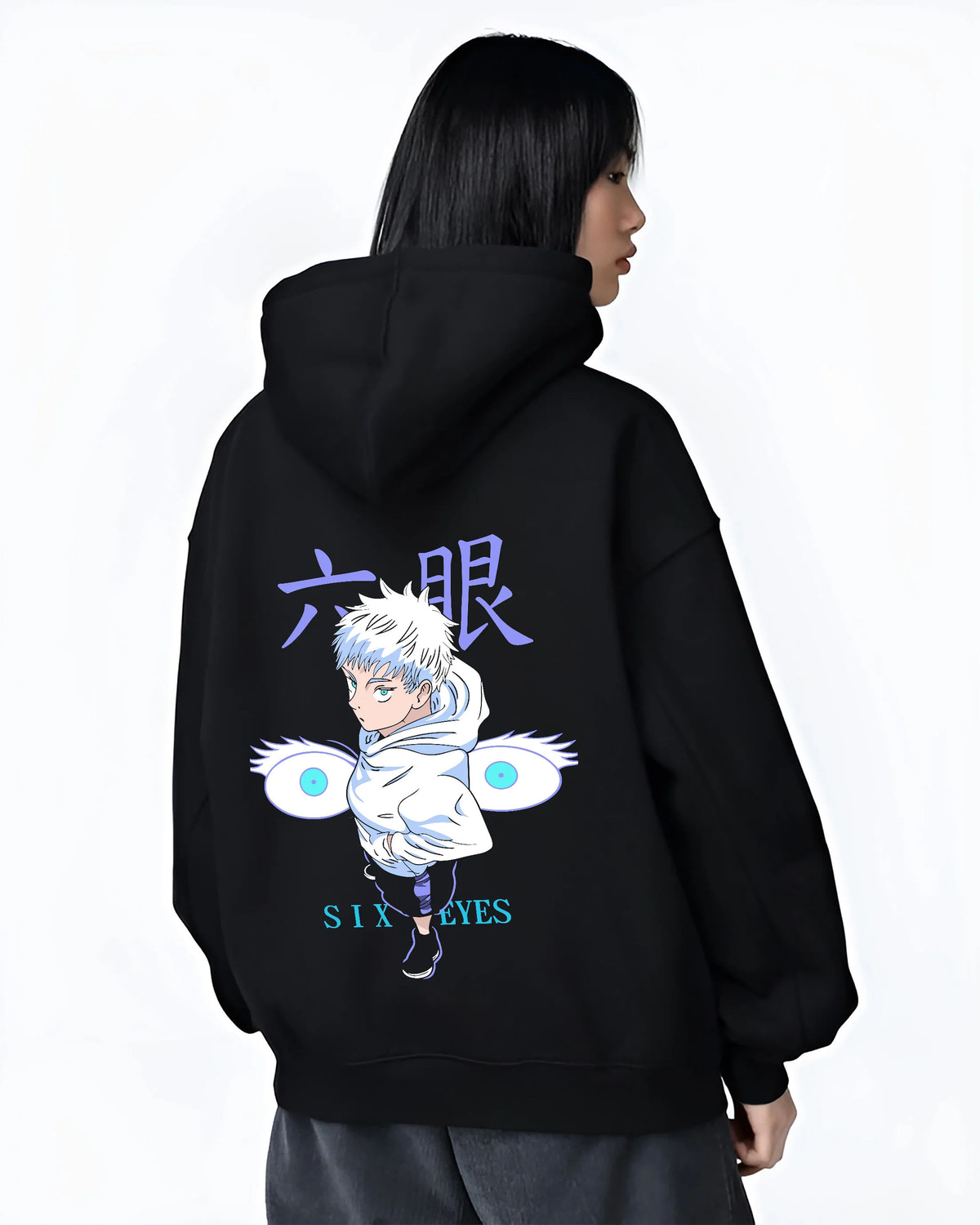 Black hoodie female model back view showing Satoru Gojo from Jujutsu Kaisen: chibi Six Eyes illustration
