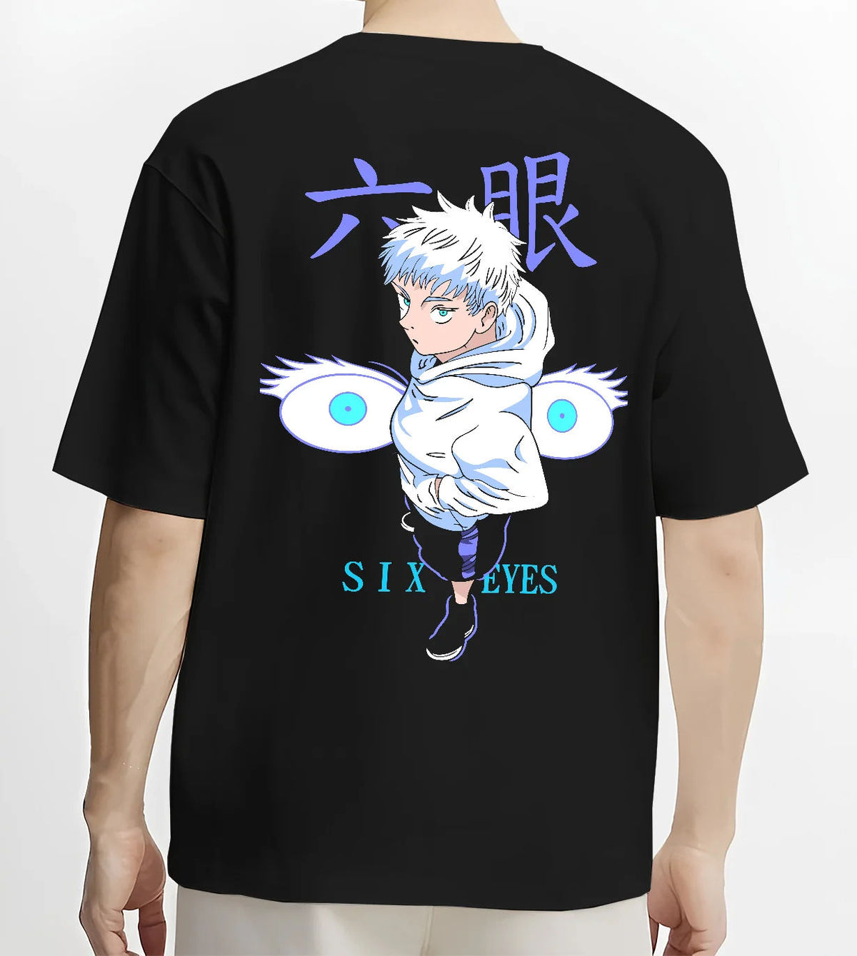 Black T-shirt model back view showing Satoru Gojo from Jujutsu Kaisen: chibi Six Eyes illustration