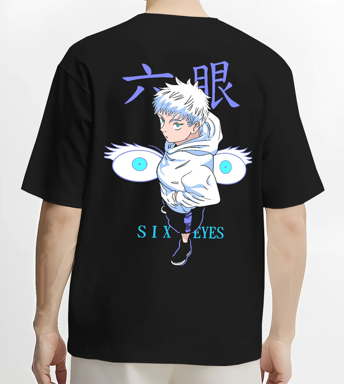 Black T-shirt model back view showing Satoru Gojo from Jujutsu Kaisen: chibi Six Eyes illustration