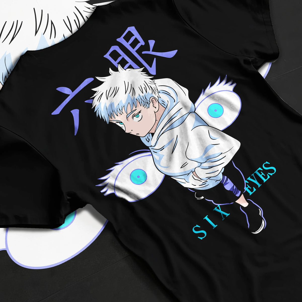 Black T-shirt flat back view showing Satoru Gojo from Jujutsu Kaisen: chibi Six Eyes illustration