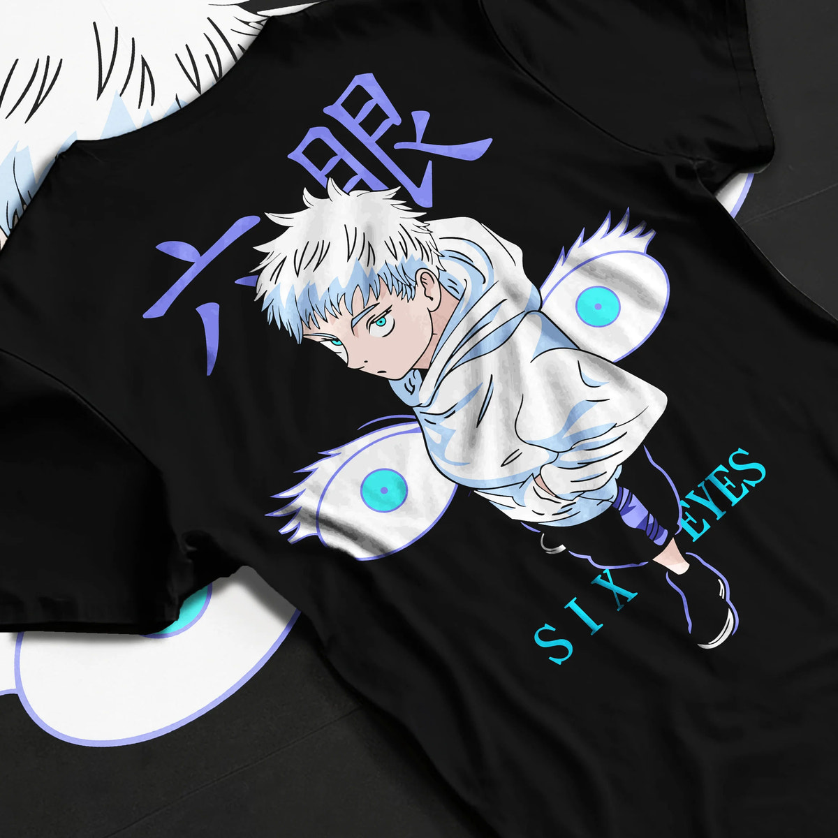 Black T-shirt flat back view showing Satoru Gojo from Jujutsu Kaisen: chibi Six Eyes illustration