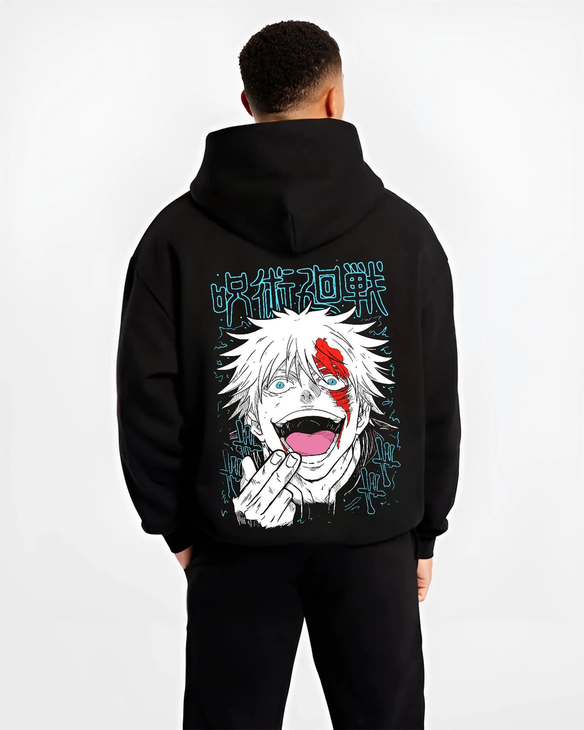Black hoodie worn by male model from the back featuring Gojo Satoru scarlet face portrait artwork.