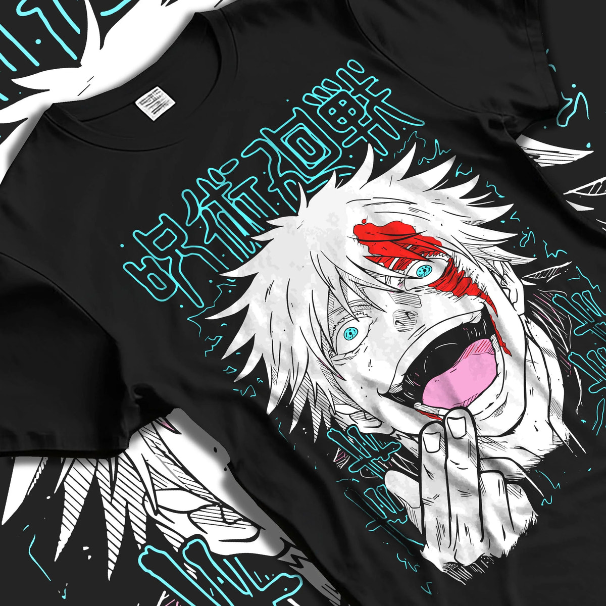 Black T-shirt laid flat with natural folds featuring Gojo Satoru scarlet face portrait artwork.