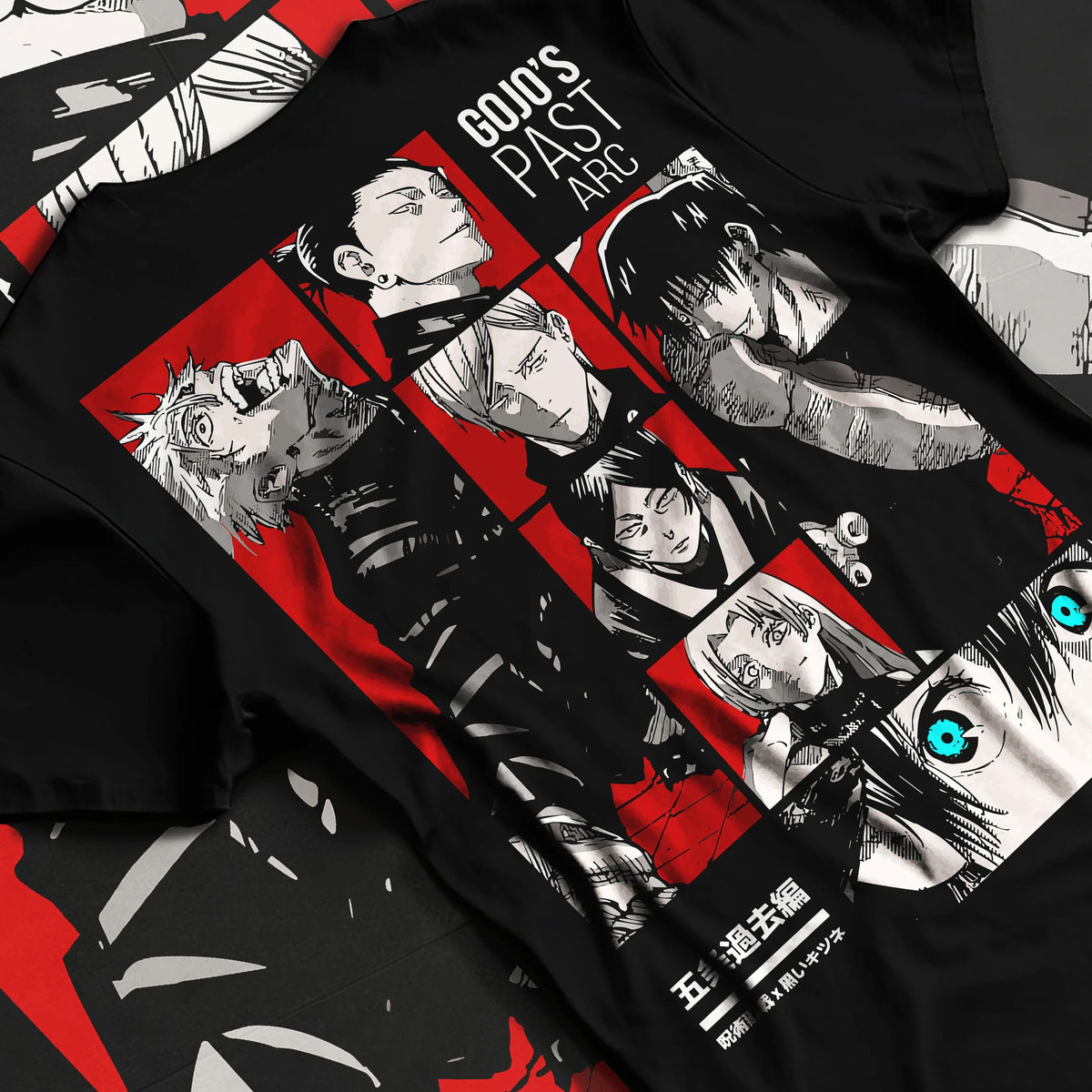Black T-shirt flat back view showing Satoru Gojo from Jujutsu Kaisen: Hidden Inventory and Past Arc cast