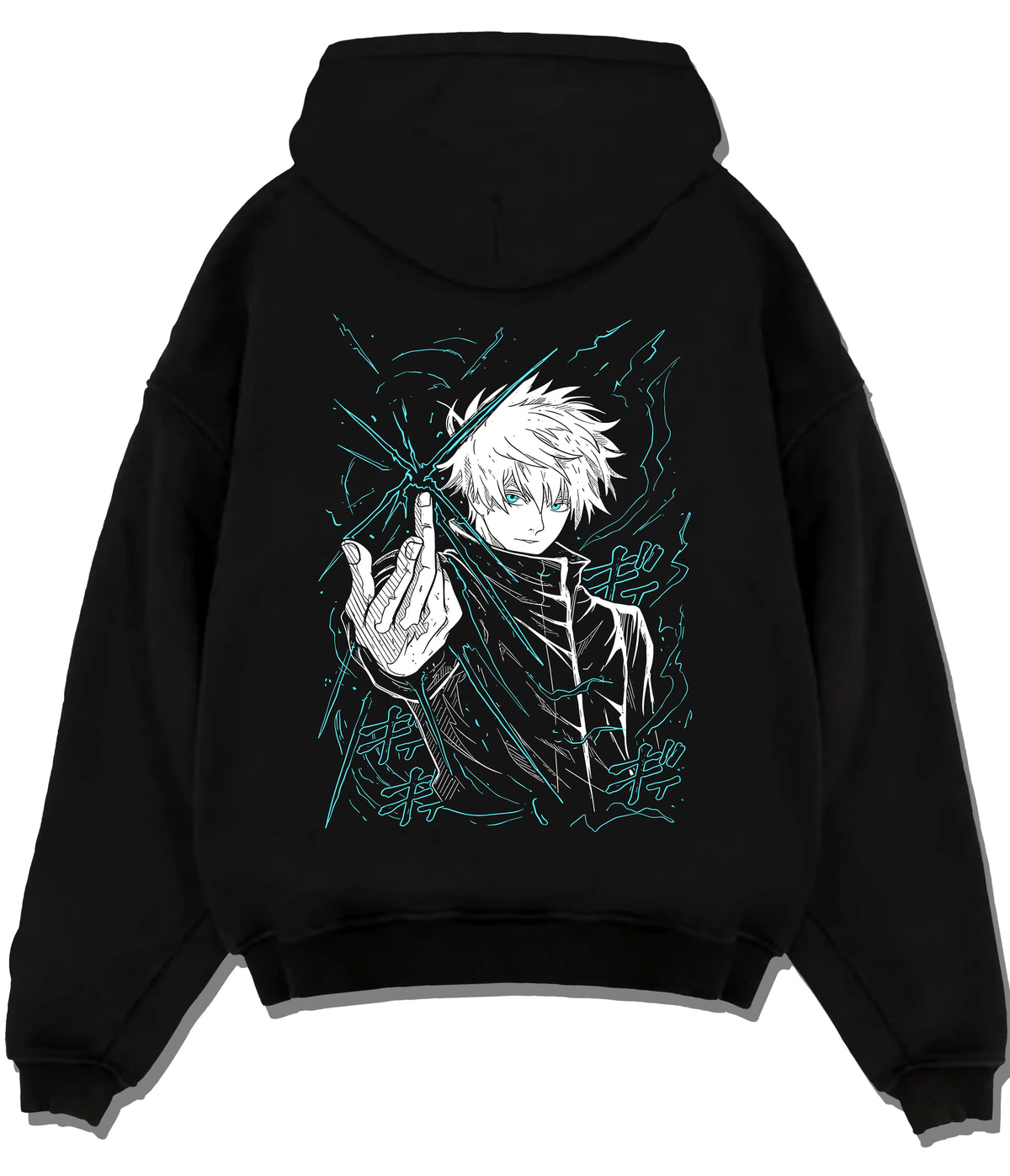 Black hoodie flat back view showing Satoru Gojo from Jujutsu Kaisen: hand sign and blue aura
