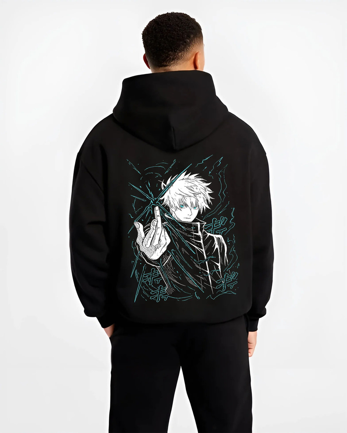 Black hoodie model back view showing Satoru Gojo from Jujutsu Kaisen: hand sign and blue aura
