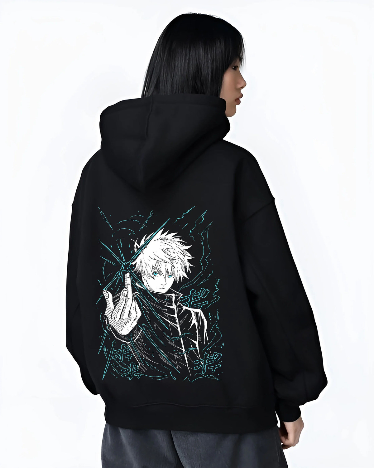 Black hoodie female model back view showing Satoru Gojo from Jujutsu Kaisen: hand sign and blue aura