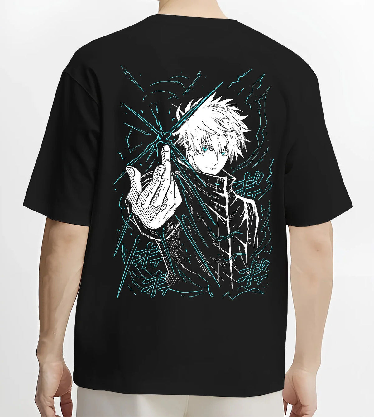 Black T-shirt model back view showing Satoru Gojo from Jujutsu Kaisen: hand sign and blue aura