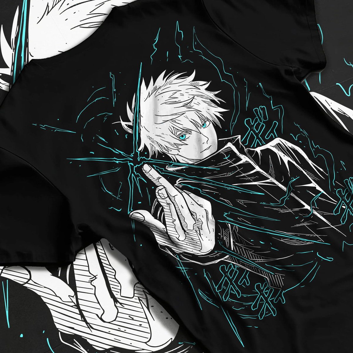 Black T-shirt flat back view showing Satoru Gojo from Jujutsu Kaisen: hand sign and blue aura
