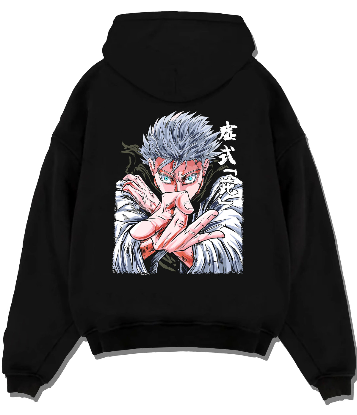 Black hoodie flat back view showing white-haired Jujutsu Kaisen fighter: hand-sign portrait