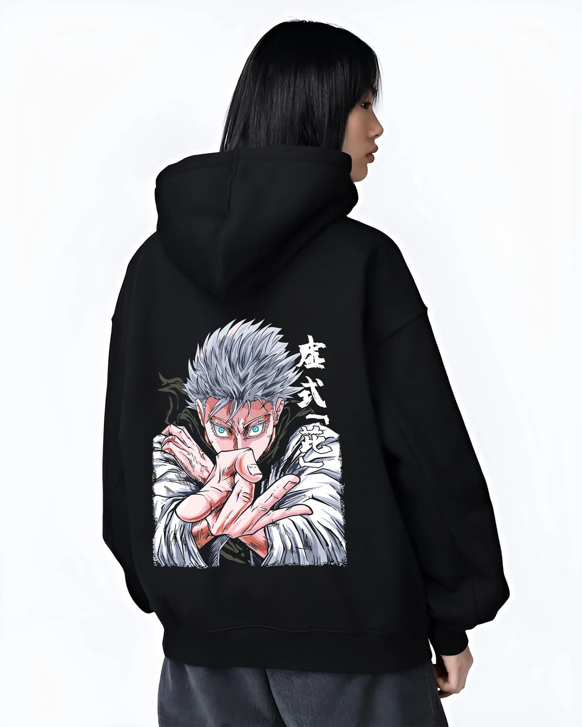 Black hoodie female model back view showing white-haired Jujutsu Kaisen fighter: hand-sign portrait