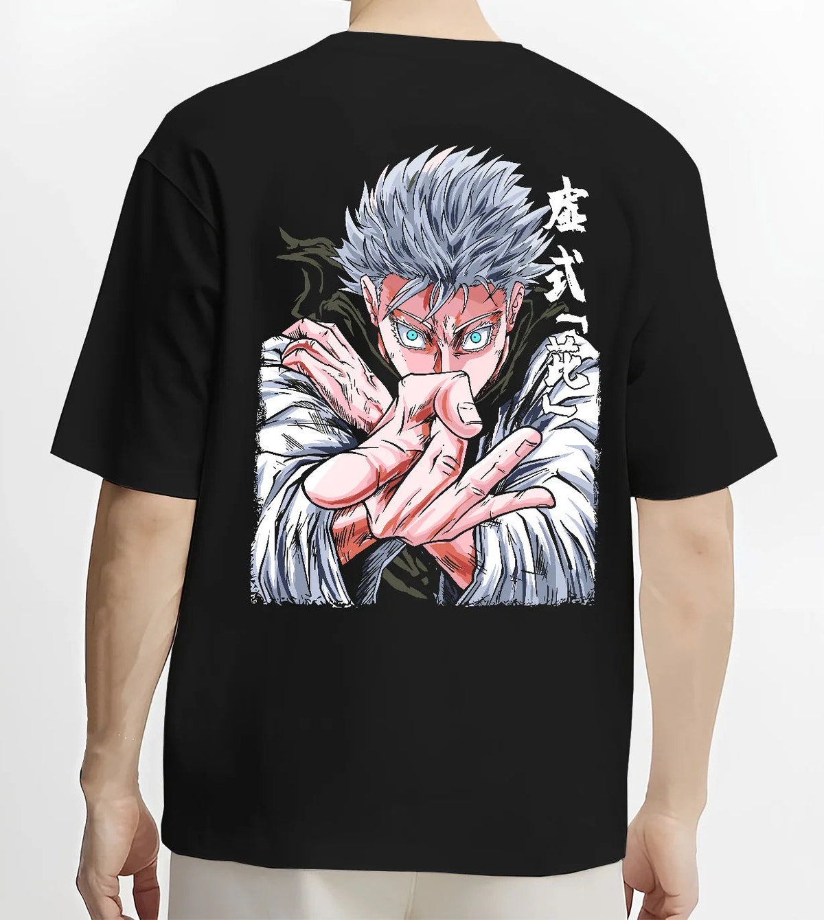 Black T-shirt model back view showing white-haired Jujutsu Kaisen fighter: hand-sign portrait