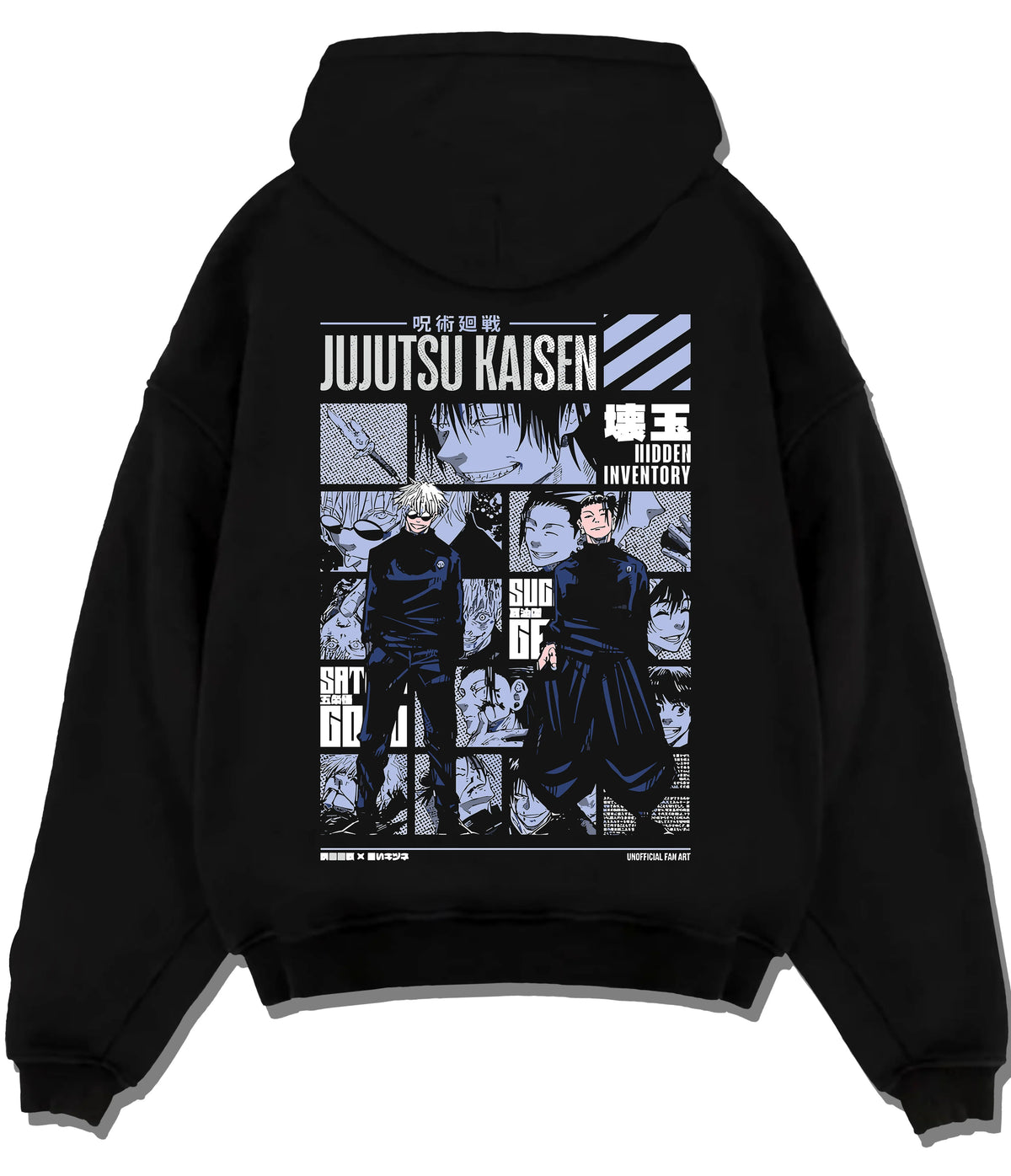 Black hoodie flat back view showing Satoru Gojo and Suguru Geto from Jujutsu Kaisen: Past Arc collage