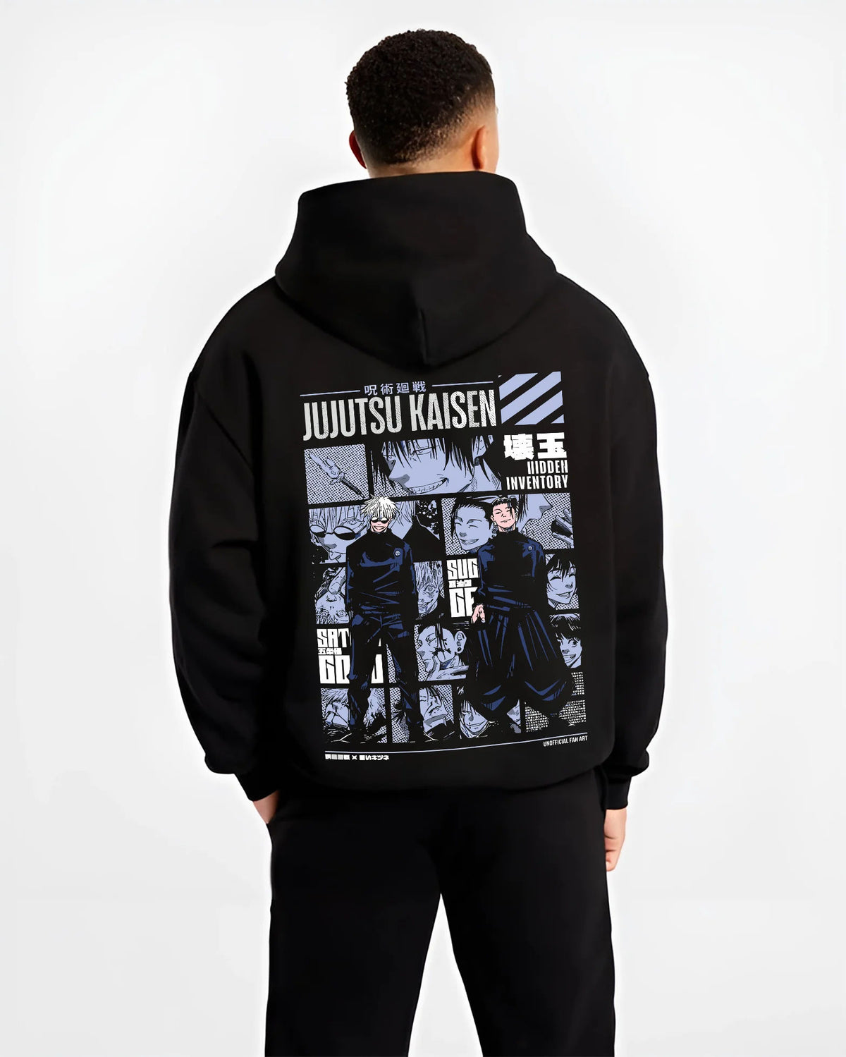 Black hoodie model back view showing Satoru Gojo and Suguru Geto from Jujutsu Kaisen: Past Arc collage