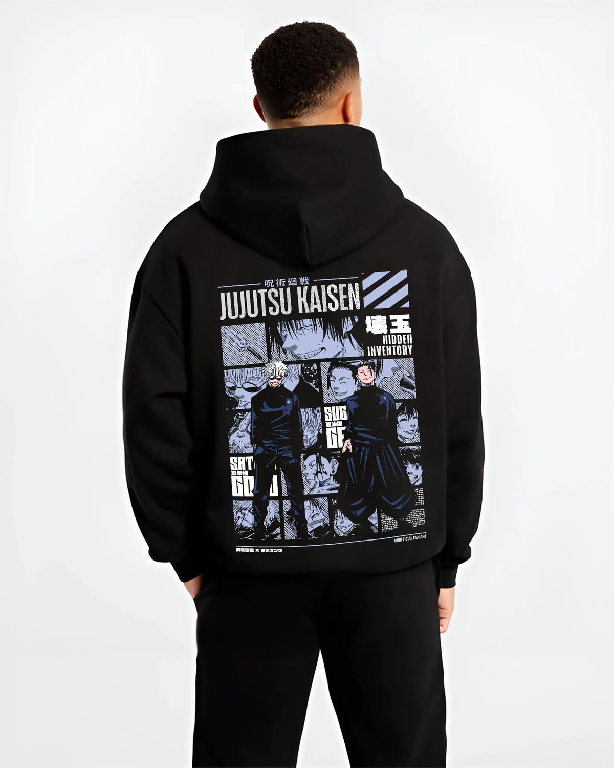 Black hoodie model back view showing Satoru Gojo and Suguru Geto from Jujutsu Kaisen: Past Arc collage