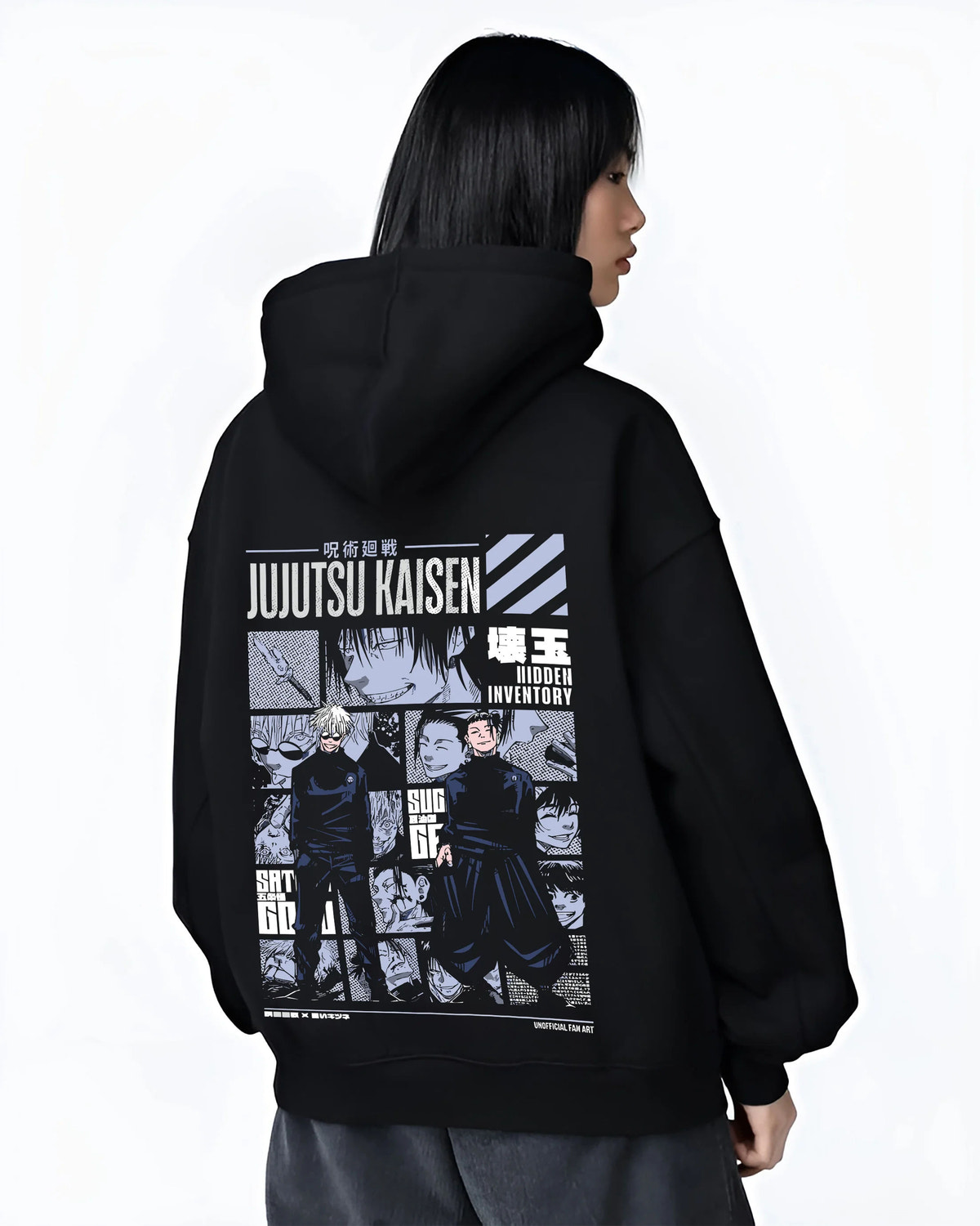 Black hoodie female model back view showing Satoru Gojo and Suguru Geto from Jujutsu Kaisen: Past Arc collage