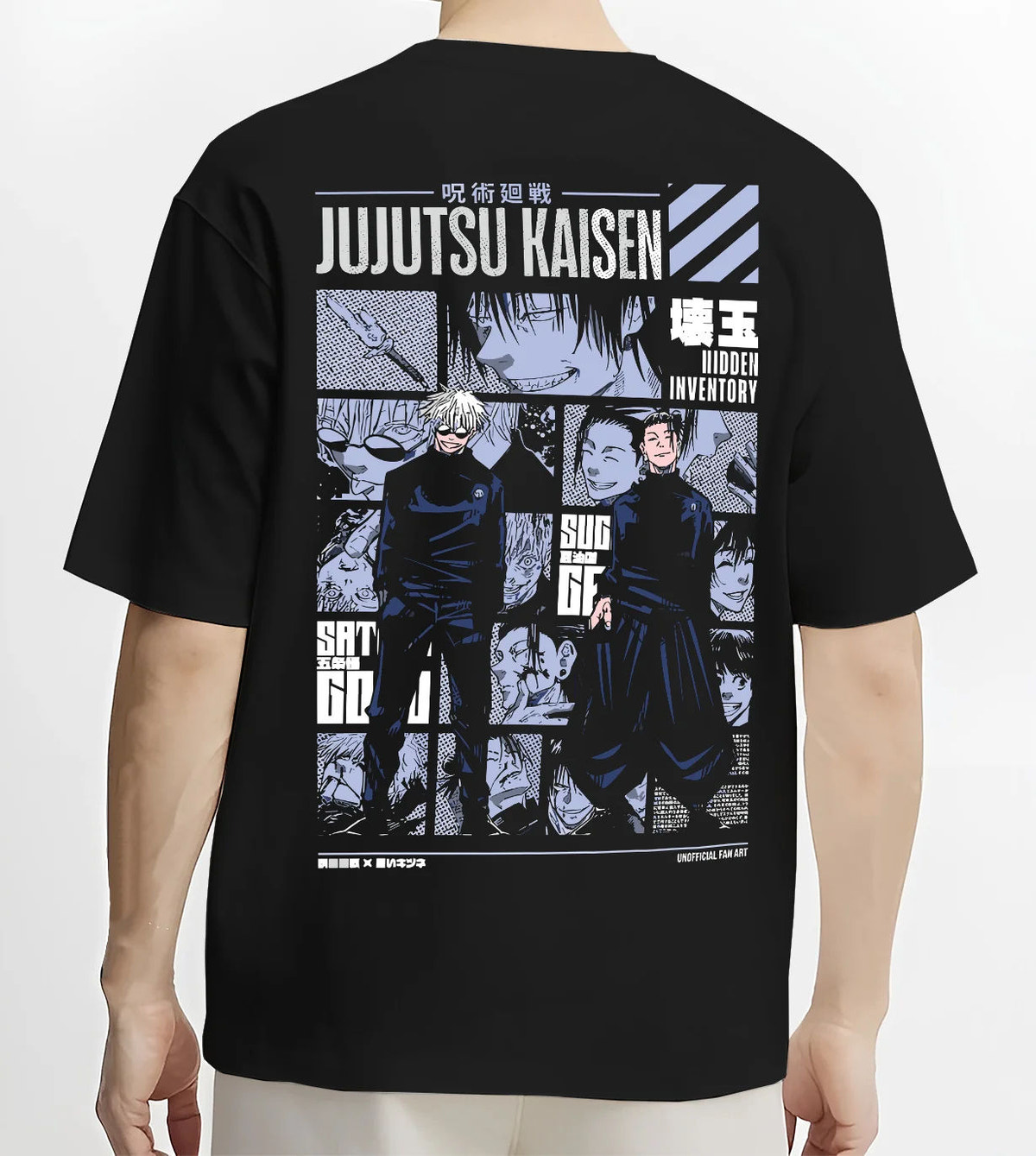 Black T-shirt model back view showing Satoru Gojo and Suguru Geto from Jujutsu Kaisen: Past Arc collage
