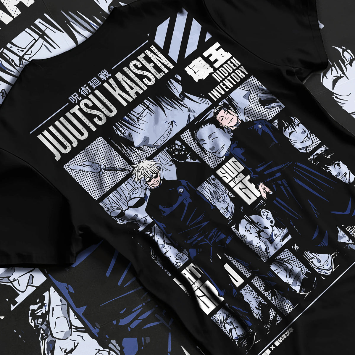 Black T-shirt flat back view showing Satoru Gojo and Suguru Geto from Jujutsu Kaisen: Past Arc collage