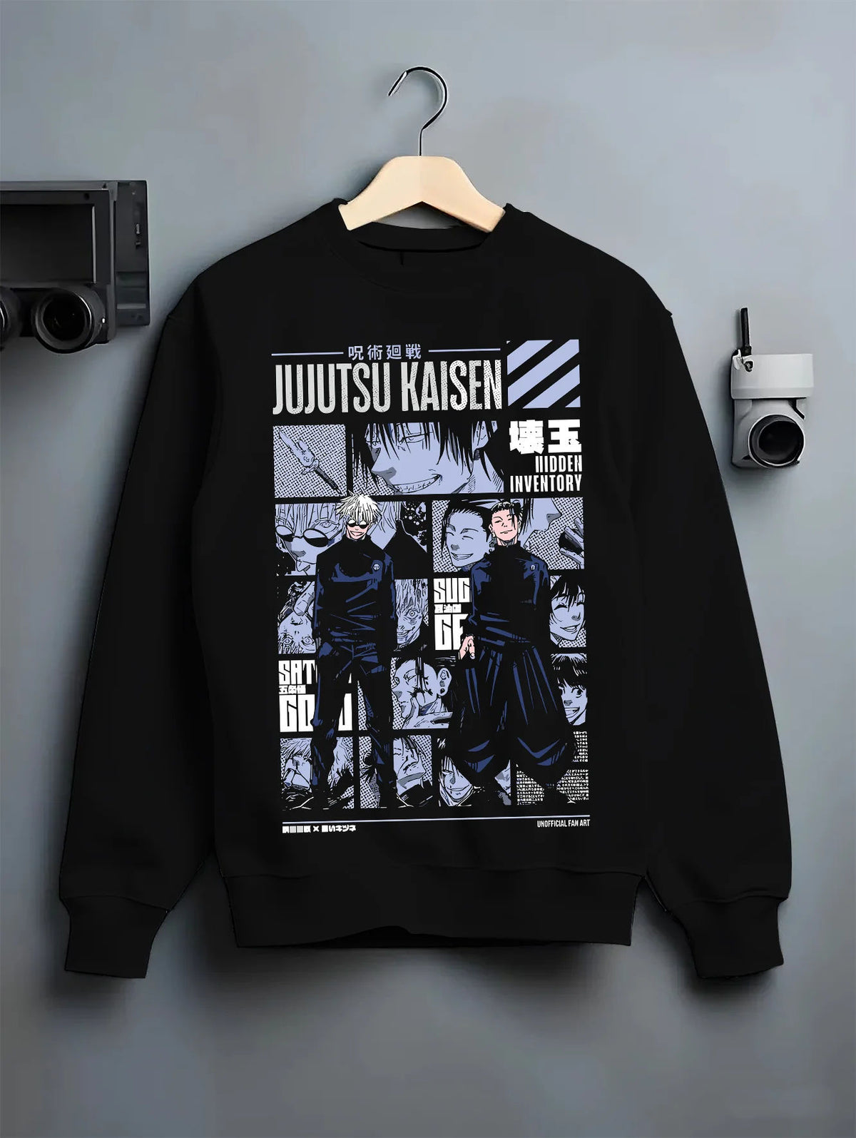 Black crewneck sweatshirt on hanger showing Satoru Gojo and Suguru Geto from Jujutsu Kaisen: Past Arc collage