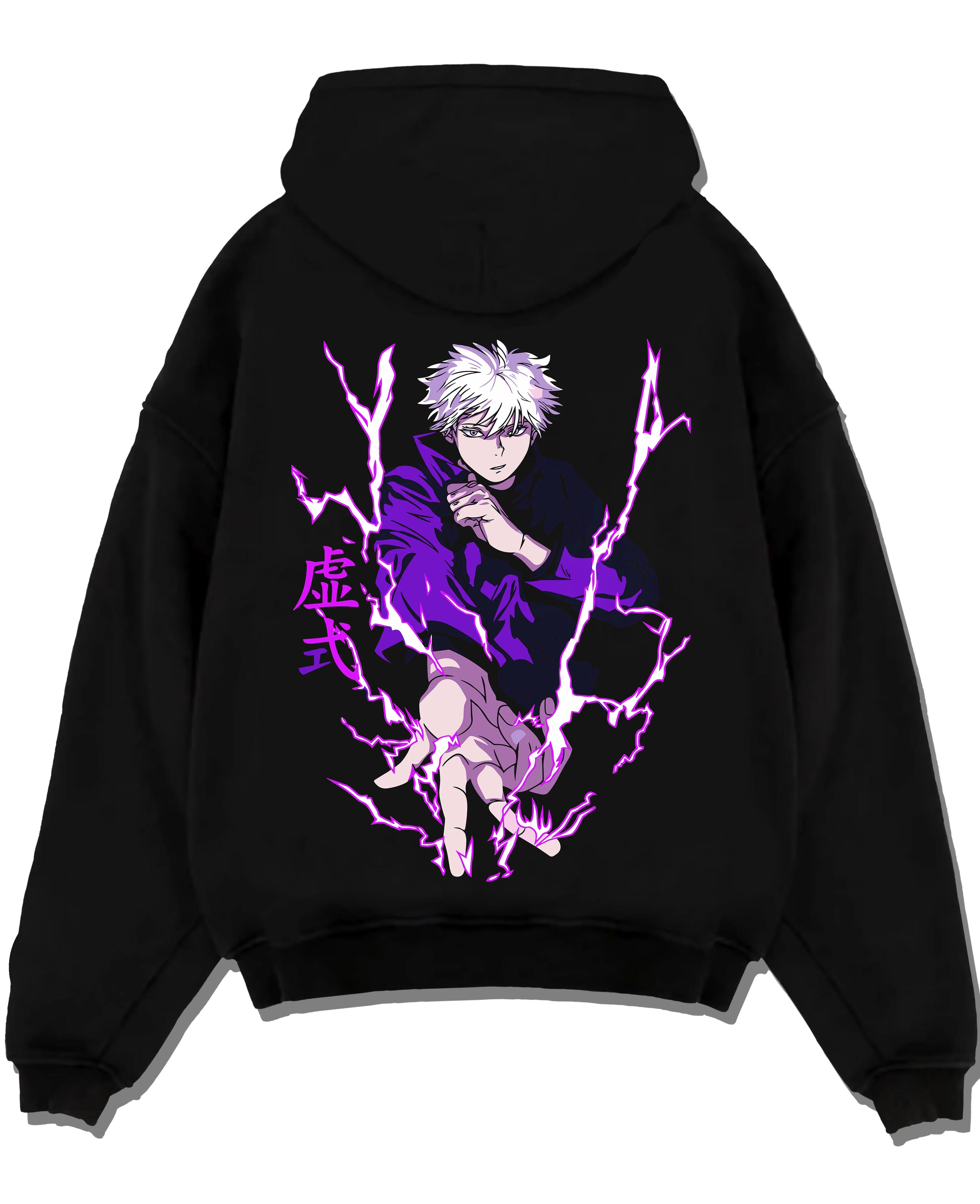 Black pullover hoodie laid flat with Jujutsu Kaisen Hoodie Satoru Gojo Void Domain Jumper graphic bold anime graphic.