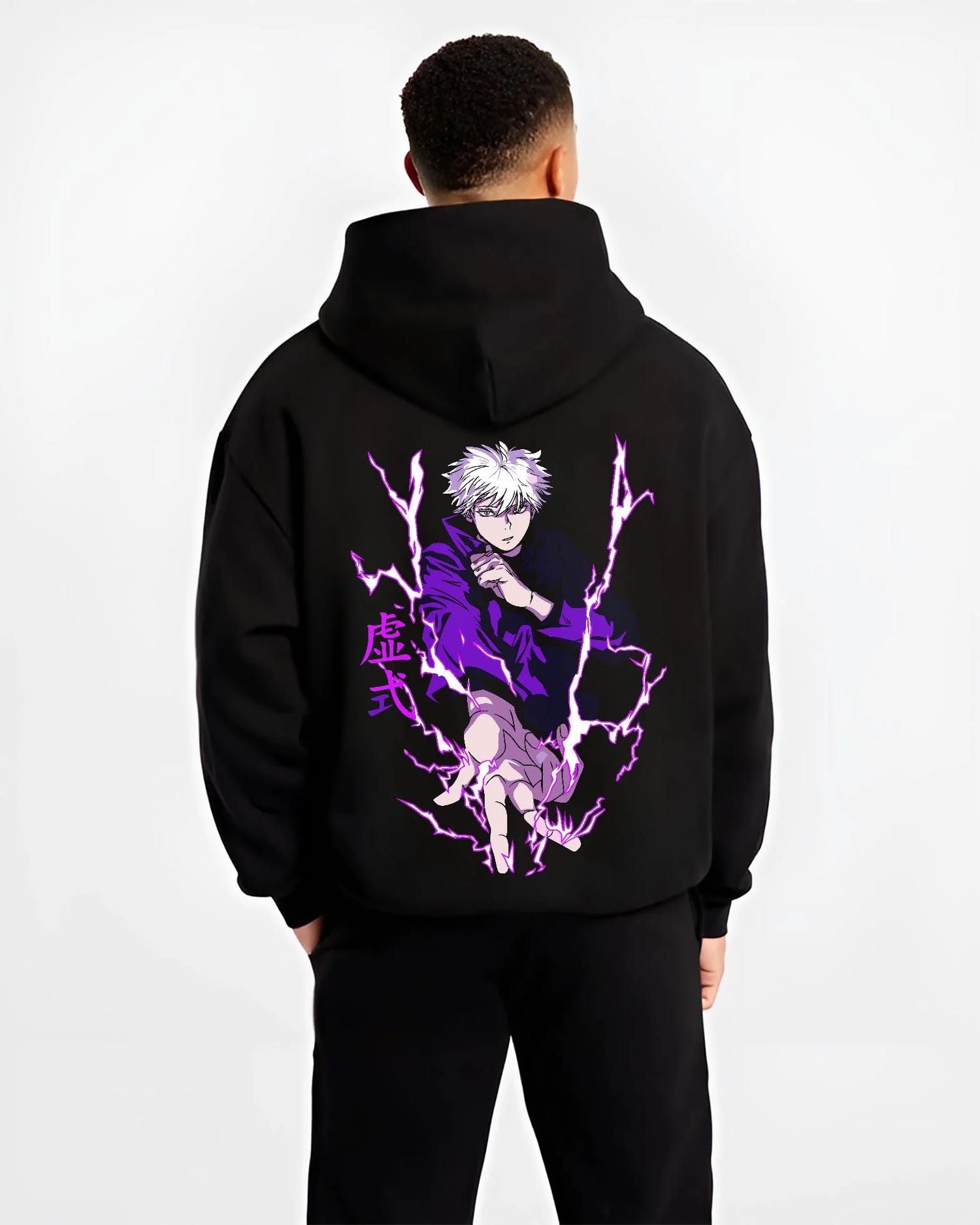 Black hoodie worn by male model, back view with Jujutsu Kaisen Hoodie Satoru Gojo Void Domain Jumper graphic streetwear graphic.