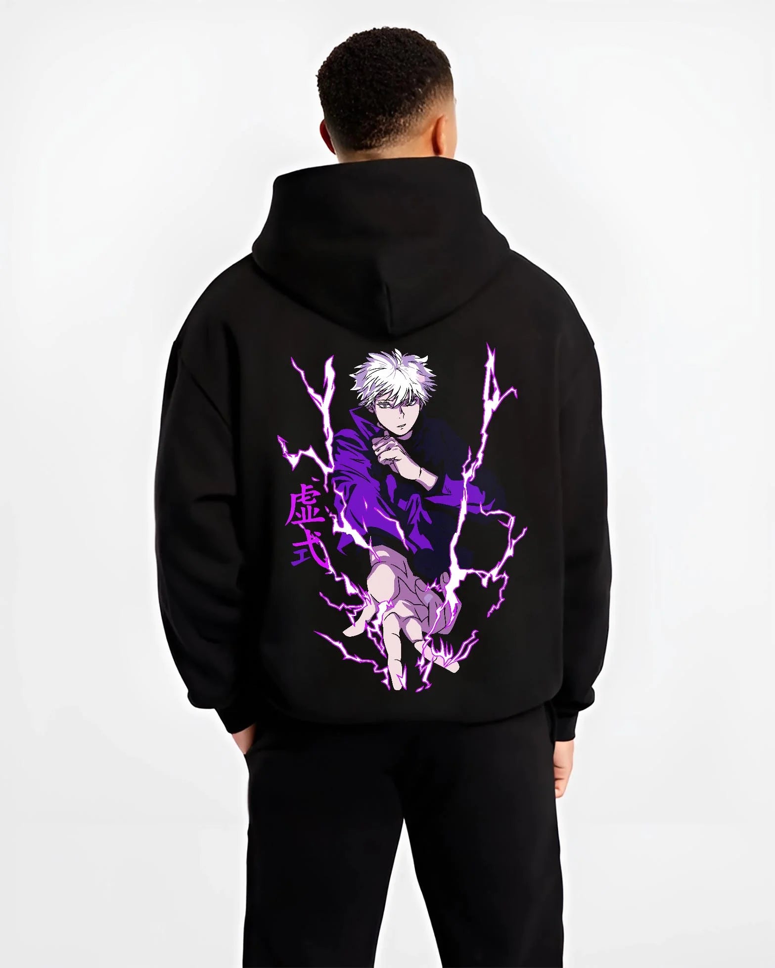 Black hoodie worn by male model, back view with Jujutsu Kaisen Hoodie Satoru Gojo Void Domain Jumper graphic streetwear graphic.