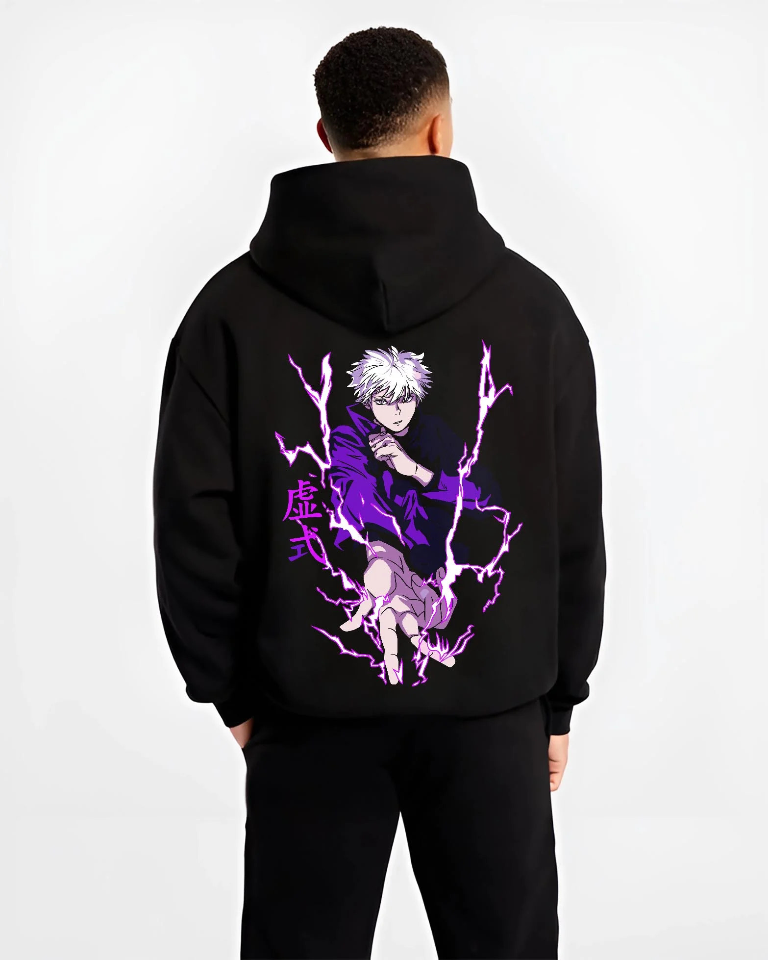 Black hoodie worn by male model, back view with Jujutsu Kaisen Hoodie Satoru Gojo Void Domain Jumper graphic streetwear graphic.