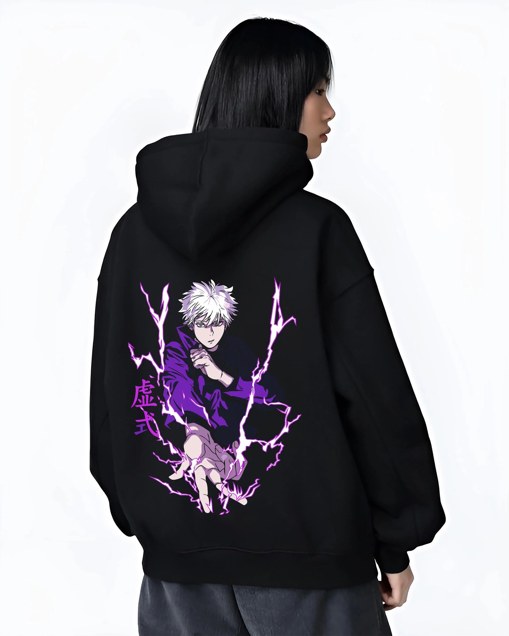 Black hoodie worn by female model, back view with Jujutsu Kaisen Hoodie Satoru Gojo Void Domain Jumper graphic bold anime graphic.