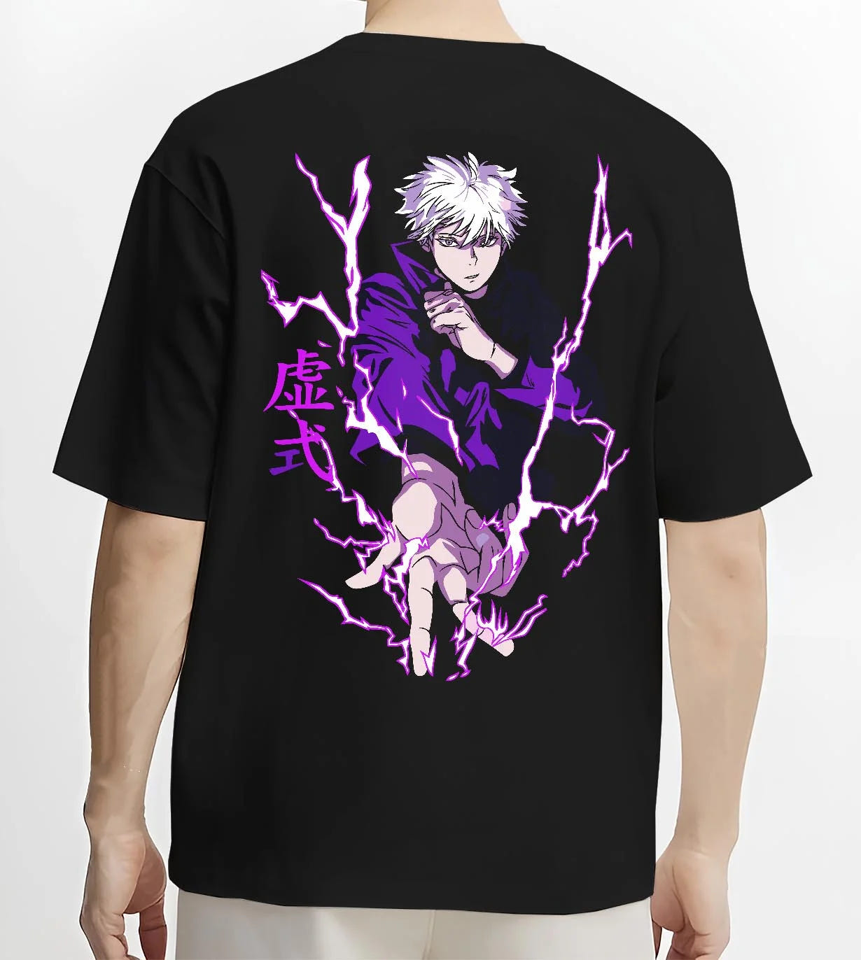 Black T-shirt worn by male model, back view with Jujutsu Kaisen Hoodie Satoru Gojo Void Domain Jumper graphic premium wear.