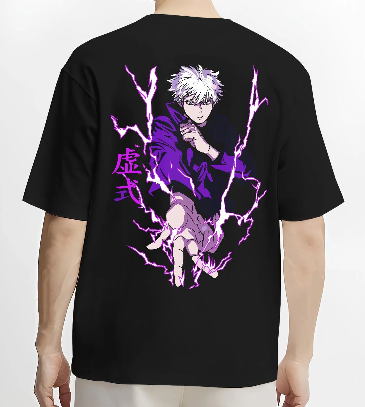 Black T-shirt worn by male model, back view with Jujutsu Kaisen Hoodie Satoru Gojo Void Domain Jumper graphic premium wear.