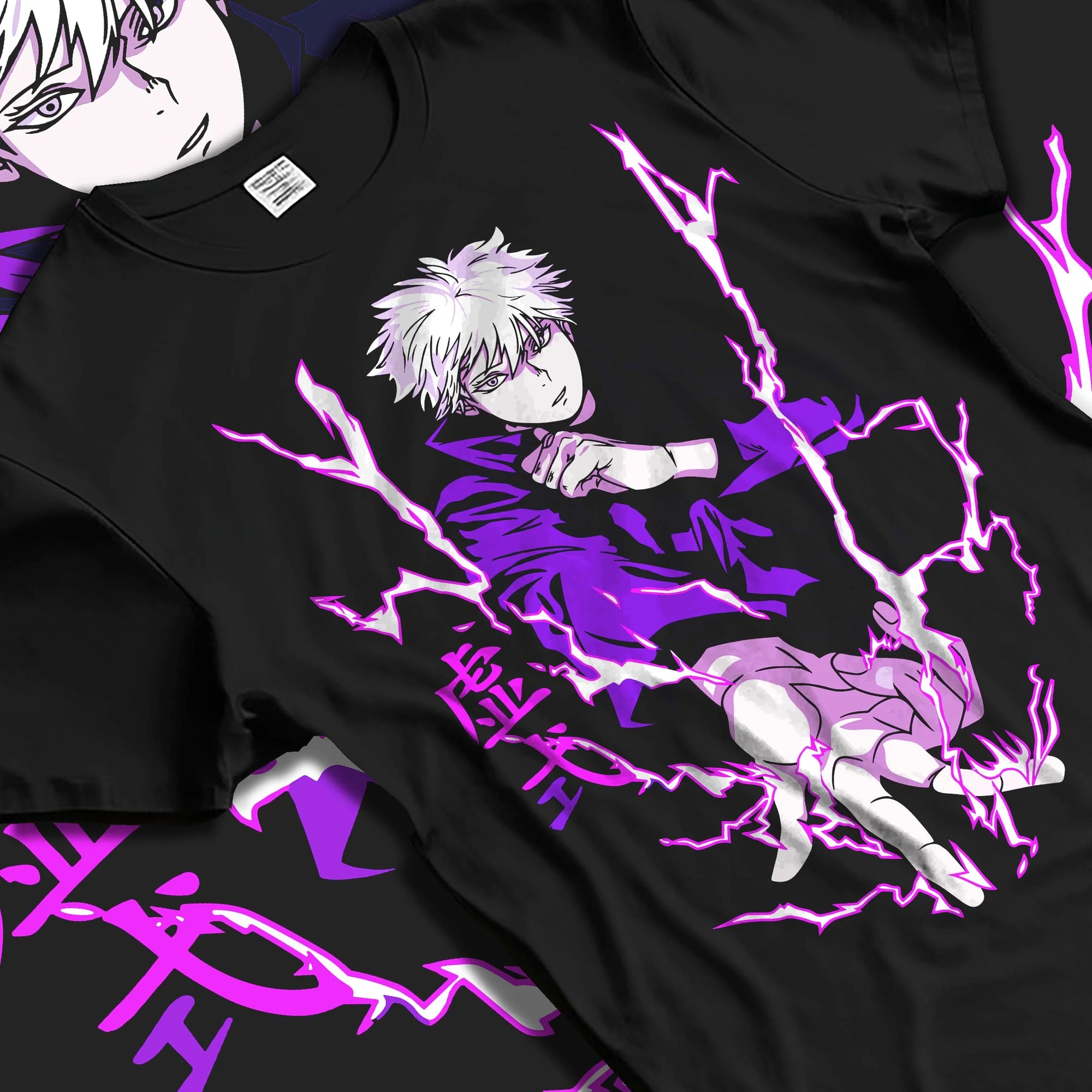 Black T-shirt laid flat with natural folds with Jujutsu Kaisen Hoodie Satoru Gojo Void Domain Jumper graphic premium wear.